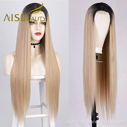 Aisi Beauty Vendor Cheap Party 26 Inch Long Straight Ombre Blonde Wig Swiss Lace Synthetic Hair For Black Women Lace Front Wig